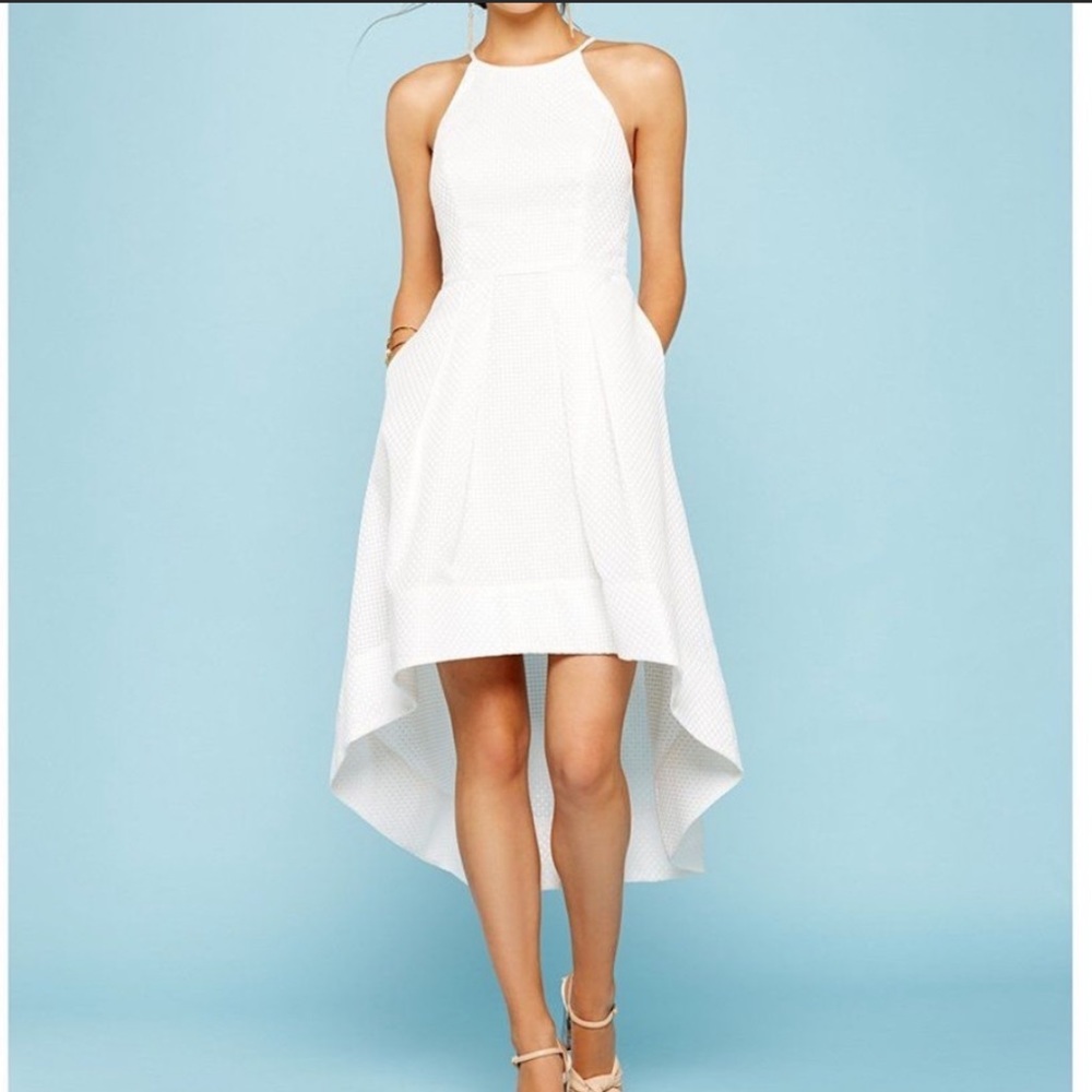 Aidan Mattox white high low fit and flare halter dress 6